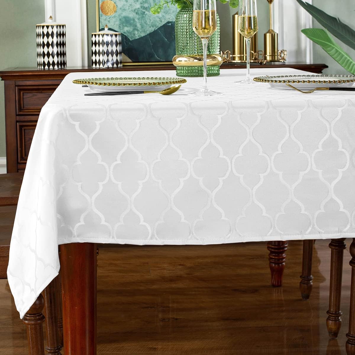 SASTYBALE Jacquard Tablecloth Flower Patterns Polyester Table Cloth Spill Proof Wrinkle Resistant Table Cover for Kitchen Dining Tabletop (White, Rectangle/Oblong, 52" x 70" (4-6 Seats))