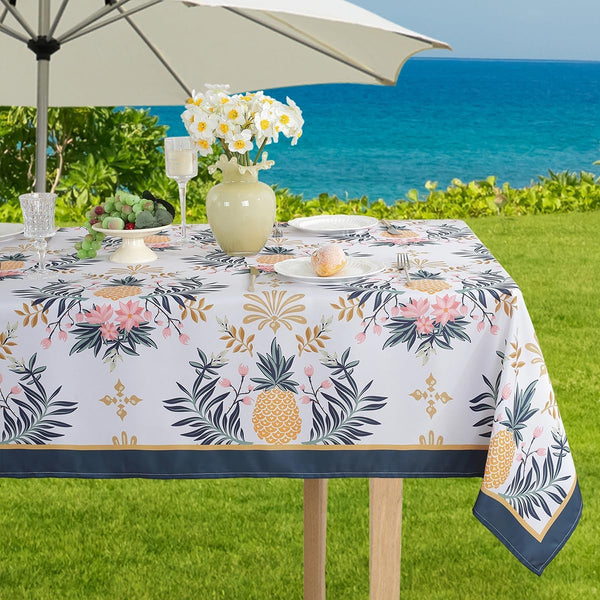 SASTYBALE Outdoor Tablecloth with Umbrella Hole and Zipper, Floral Table Cloth with Pineapple Pattern, Spill Proof Patio Table Cover for Summer Picnic Indoor Outdoor Tables (Rectangle, 60" x 84")