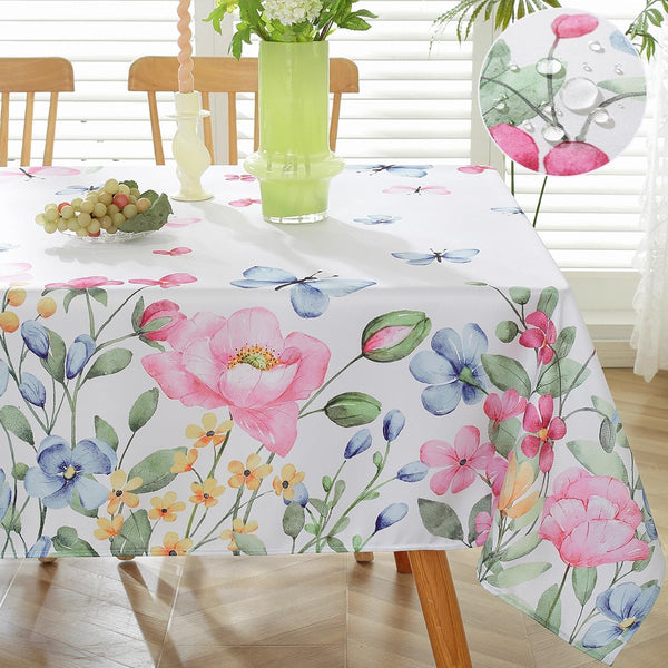 SASTYBALE Spring Summer Floral Tablecloth Rectangle 60 x 84 Inch Wildflower Butterfly Watercolor Table Cloth, Washable Polyester Table Cover for Dining, Party, Picnic, Indoor, Outdoor, Pink