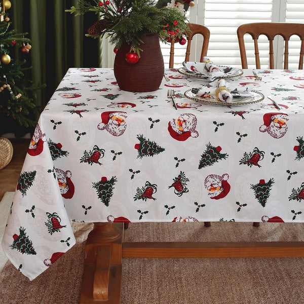 Christmas Tablecloth Rectangle 52 x 70 Inch Spill Proof Wrinkle Free Red Santa Claus Holly Berry Xmas Tree Jacquard Table Cloth, Damask Fabric Table Cover for Holiday, Winter Decoration, White