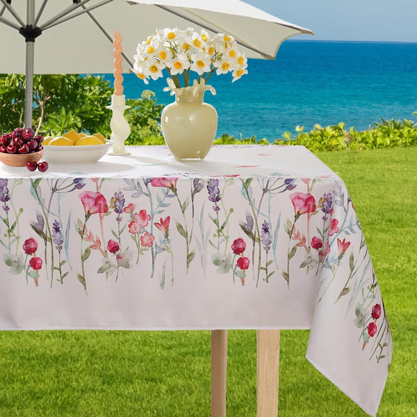 SASTYBALE Outdoor Tablecloth with Umbrella Hole, Spill Proof & Washable Floral Table Cloth Watercolor Wild Flowers, Patio Table Cover for Summer Picnic, Dinner Decor (Rectangle, 52" x 70")