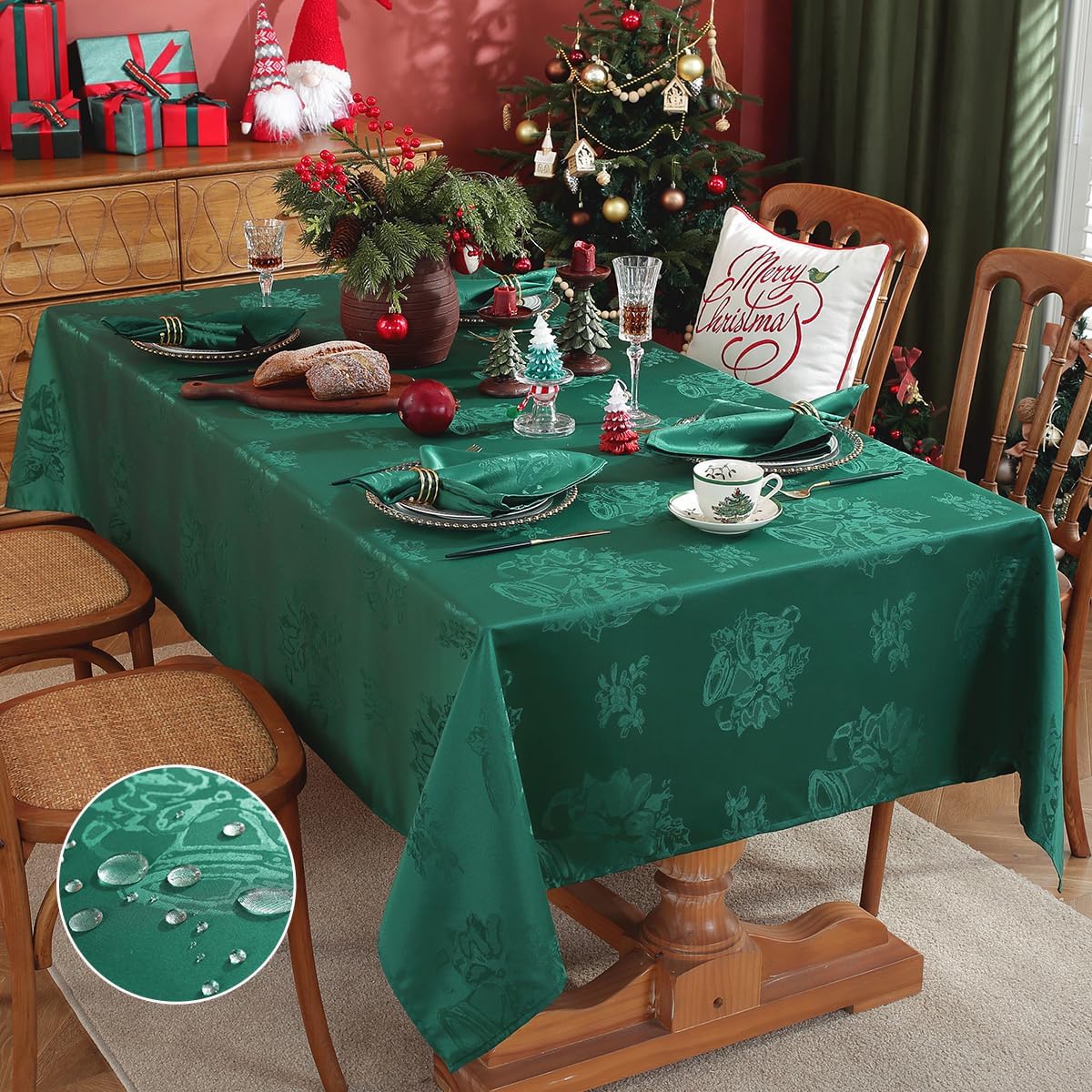 SASTYBALE Christmas Tablecloth Jingle Bells Holly Berry Jacquard Waterproof Wrinkle Free Damask Table Cloths, Fabric Table Cover for Xmas, Holiday, Winter, Party, Rectangle 52 x 70 Inch, Green