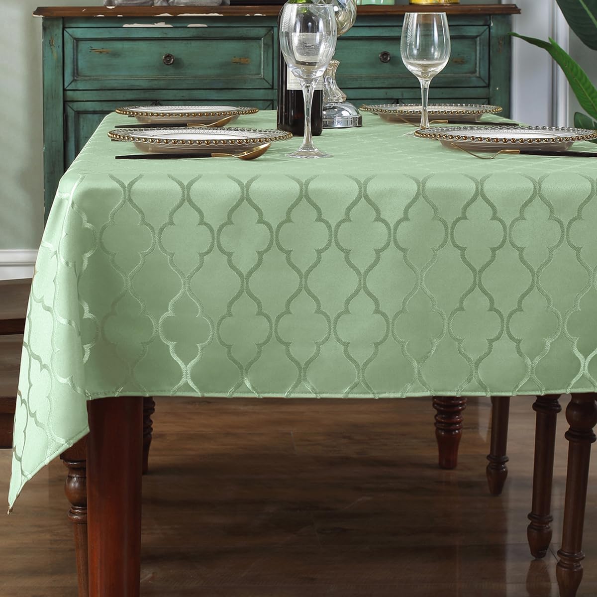 SASTYBALE Jacquard Spring Sage Green Tablecloth, Flower Patterns Table Cloth Spill Proof Wrinkle Resistant Table Cover for Kitchen Dining Tabletop Decoration (Square, 52" x 52" (2-4 Seats))