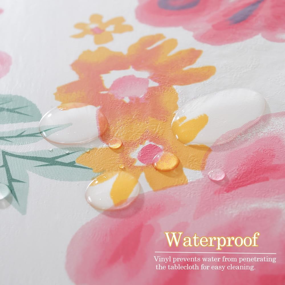 Vinyl Tablecloth with Flannel Backed, Waterproof Oil-Proof PVC Table Cloth, Heavy Duty Wipeable Spill-Proof Plastic Table Cover for Dinner Outdoor Picnic (Pink Flower, 60x102 Inch Rectangle)