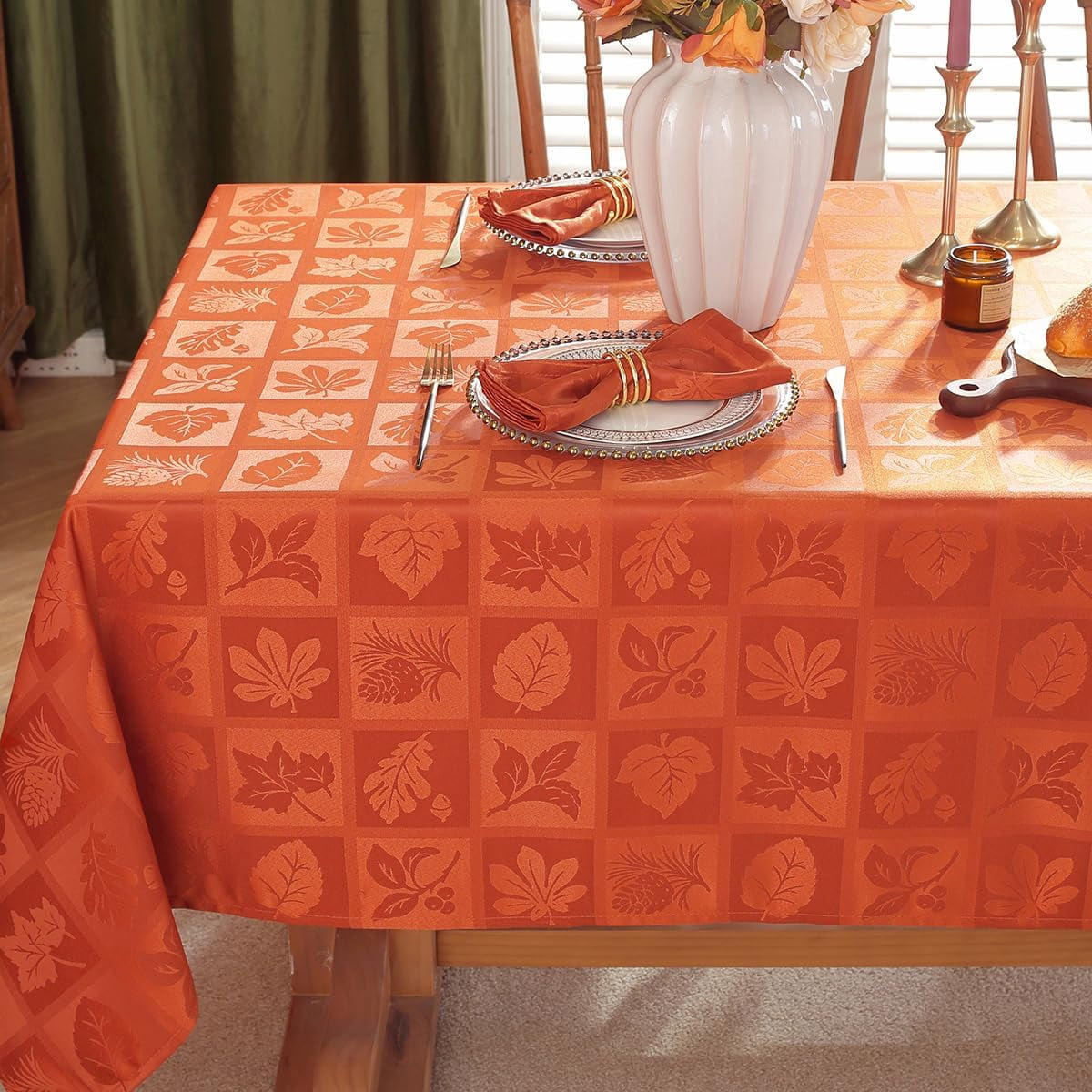 Tablecloth Rectangle 52 x 70 Inch Maple Leaves Jacquard Waterproof Washable Heavy Weight Damask Table Cloth, Plaid Table Cover for Fall, Thanksgiving, Autumn, Harvest, Party, Rusty