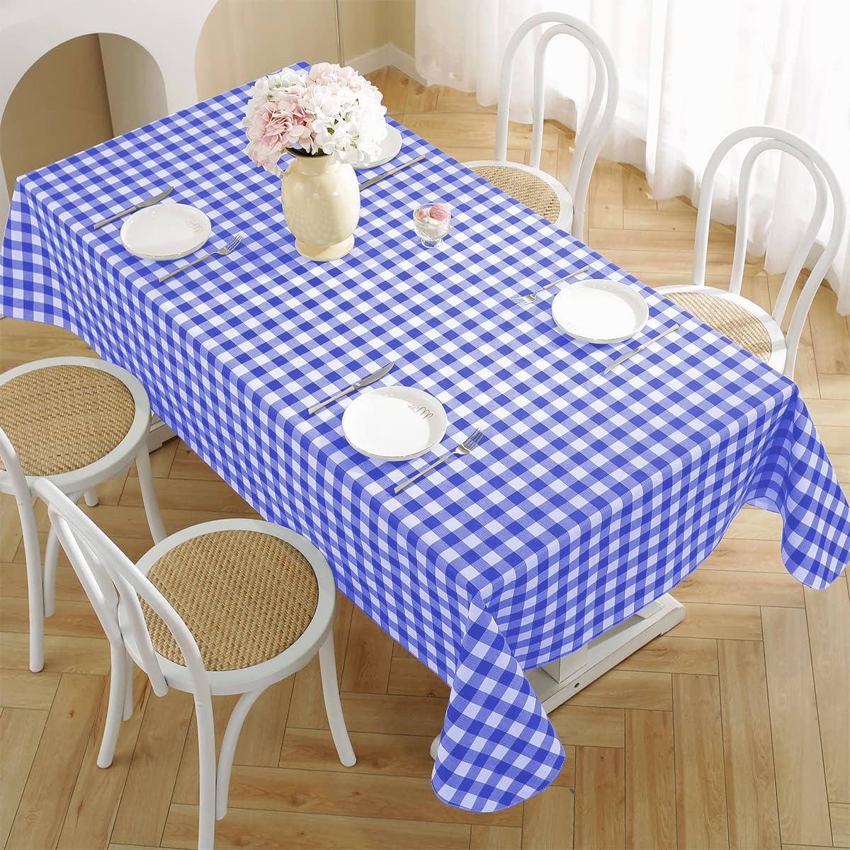 Checkered Vinyl Tablecloth With Flannel Backing Rectangle 60 x 120 Inch, Waterproof Non-Slip Gingham Tablecloth, Heavy Duty Plastic Table Cover for Dining, Party, Indoor, Outdoor, Blue and White