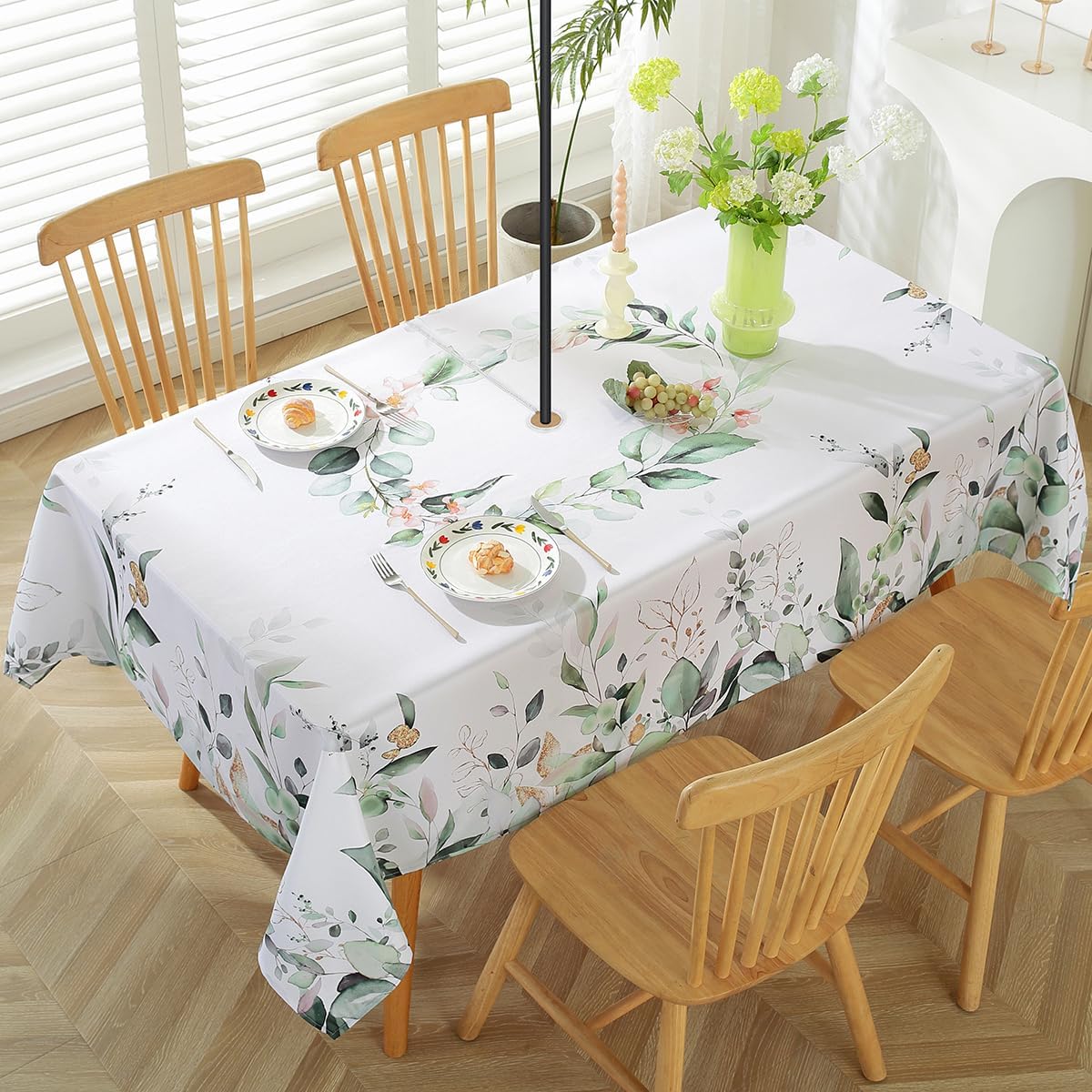 SASTYBALE Outdoor Tablecloth with Umbrella Hole and Zipper Rectangle 60 x 102 Inch Wild Eucalyptus Leaves Flower Zippered Table Cloth, Fabric Table Cover for Spring/Summer/Dining/Picnic/Garden, Green