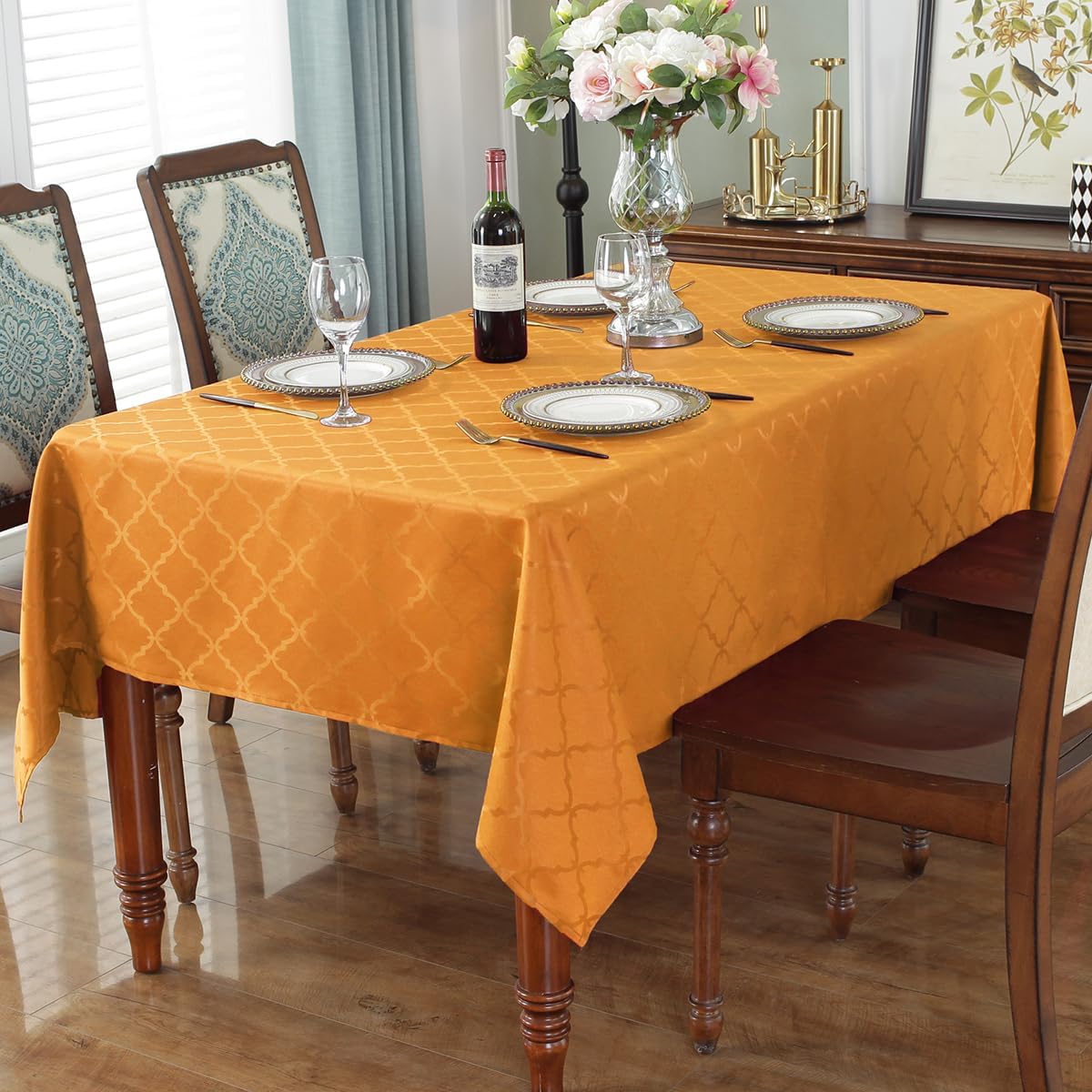 SASTYBALE Christmas Tablecloth Floral Jacquard Polyester Table Cloth Spill Proof Wrinkle Resistant Table Cover for Harvest, Fall Decoration(Rectangle,52"x70"(4-6 Seats,Amber)