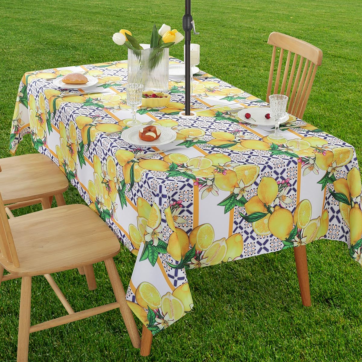 SASTYBALE Outdoor Tablecloth with Umbrella Hole, Stain Resistant Summer Lemon Table Cloth Geometric Vintage Pattern, Washable Patio Table Cover for Party Picnic Dinner Decor (Rectangle, 60" x 102")