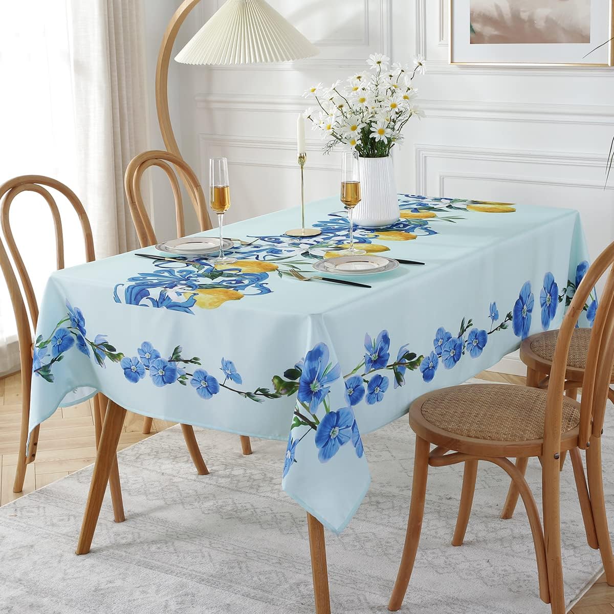 SASTYBALE Lemon Tablecloth Rectangle 52 x 70 Inch, Spillproof Wrinkle Free Polyester Fabric Table Cloth, Soft Floral Table Cover for Spring/Summer/Dining/Party, Blue