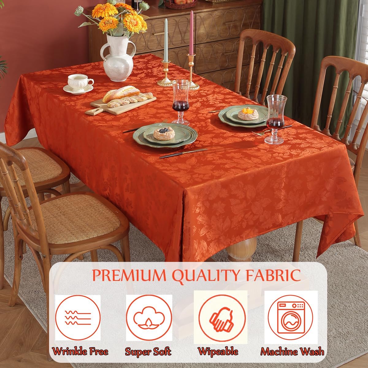 SASTYBALE Maple Leaves Jacquard Tablecloth Rectangle Spill Proof Wrinkle Resistant Table Cloth for Fall Thanksgiving Autumn Harvest Table Cover 52 x 70 Inch Rusty