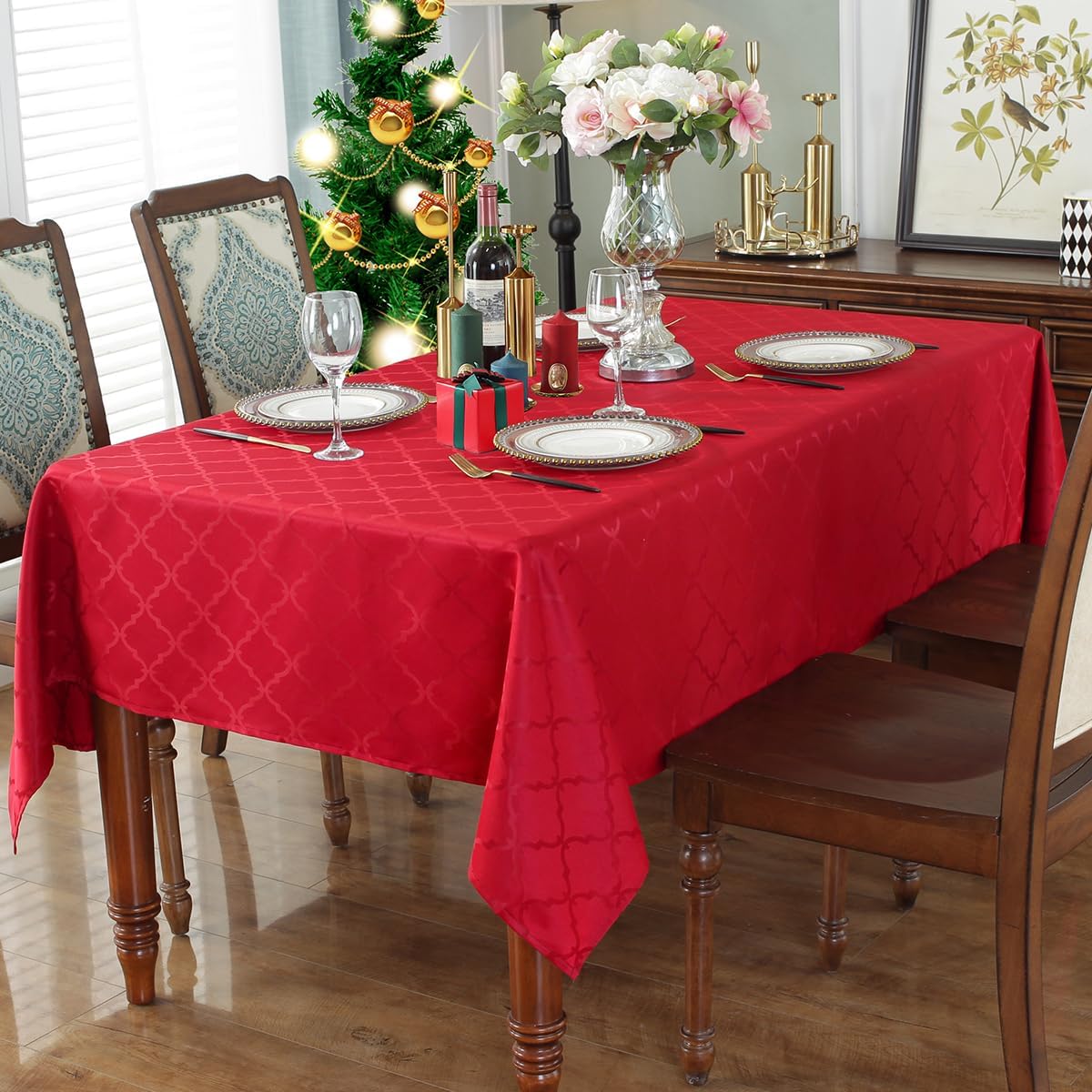 SASTYBALE Christmas Tablecloths Rectangular, Jacquard Xmas Table Cloth with Geometric Patterns, Washable Spillproof Table Cover for Parties Winter Holiday Decor (Rectangle, 52" x 70", Red)