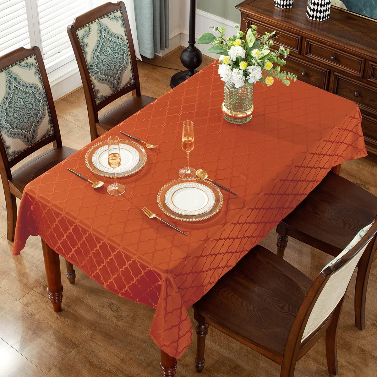 SASTYBALE Jacquard Tablecloth Flower Pattern Polyester Table Cloth Spill Proof Wrinkle Resistant Table Cover for for Fall, Christmas, Harvest Decor (Rectangle/Oblong, 52" x 70" (4-6 Seats),Rust)