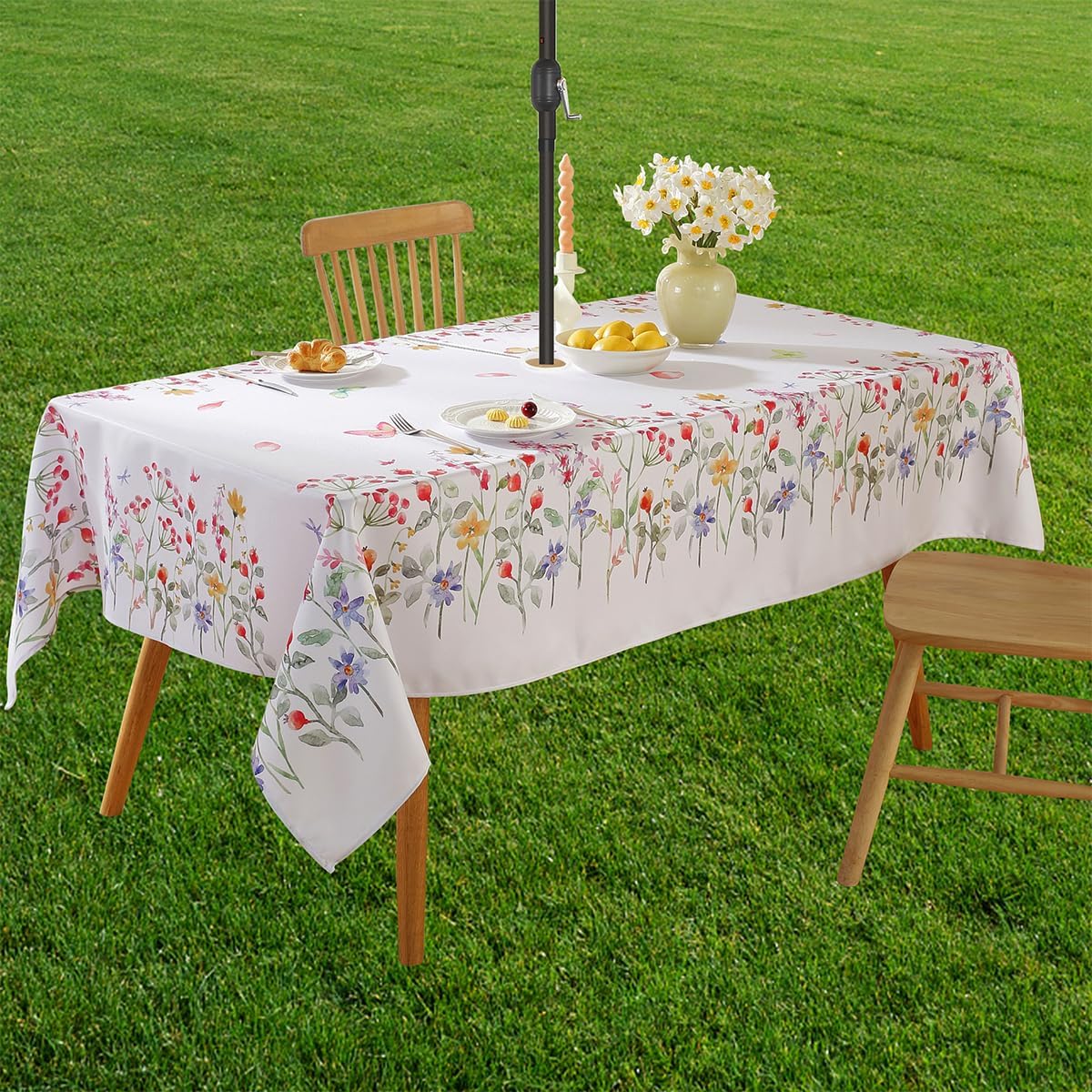 SASTYBALE Outdoor Tablecloth with Umbrella Hole and Zipper, Stain Resistant Table Cover Printed with Pastel Blooms, Patio Table Cover with Umbrella Hole for Outdoor/Summer (Rectangle, 60" x 84")