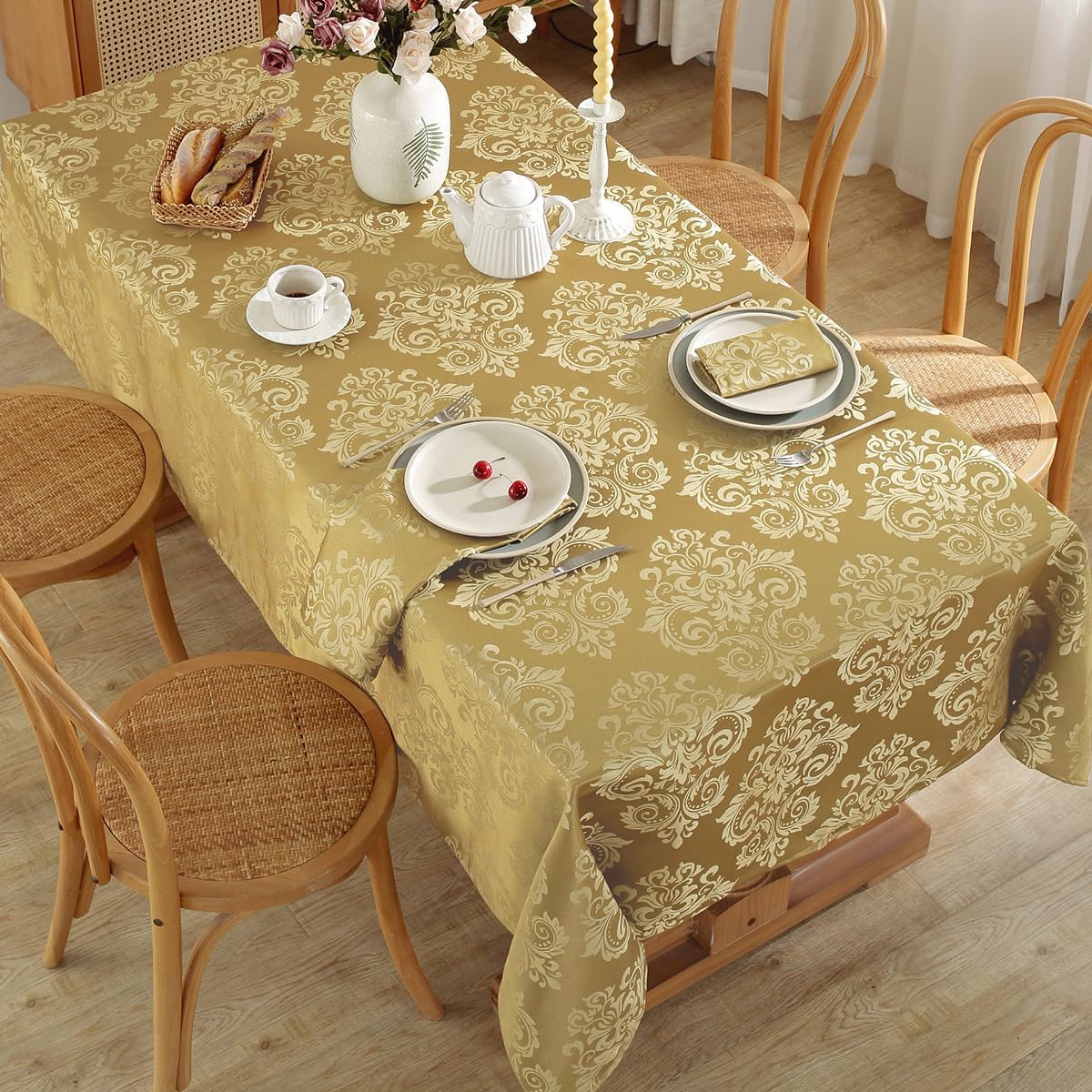 SASTYBALE Damask Gold Tablecloth for Square Tables 52 x 52 Inch, Floral Jacquard Spill Proof Wrinkle Free Table Cloth, Polyester Table Cover for Dinner/Party/Indoor/Outdoor