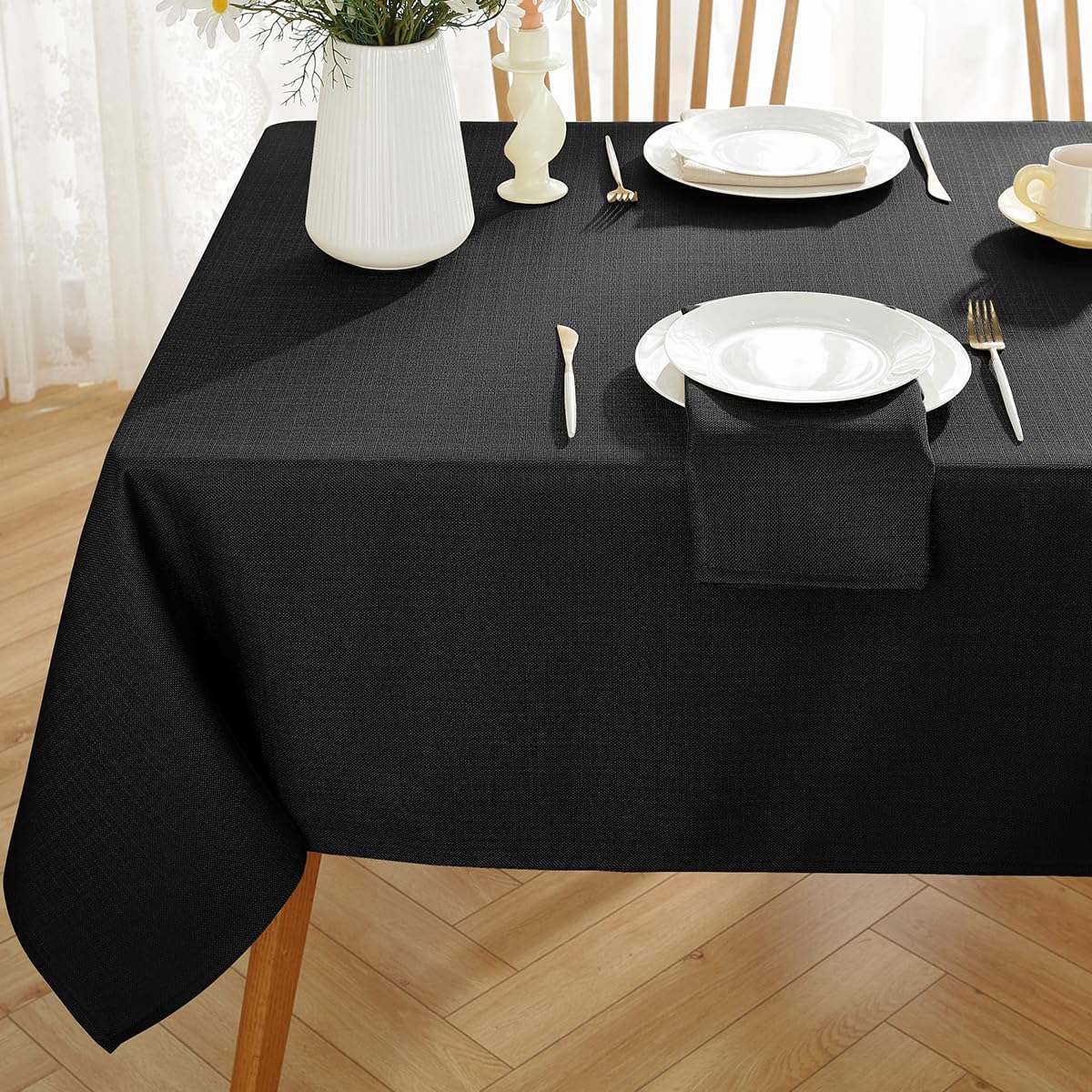 SASTYBALE Faux Linen Square Tablecloth, Waterproof Wrinkle Free Textured Table Cloth, Soft Fabric Table Cover for Dining, Party, Holiday, Indoor Outdoor (52 x 52 Inch Square, Black)