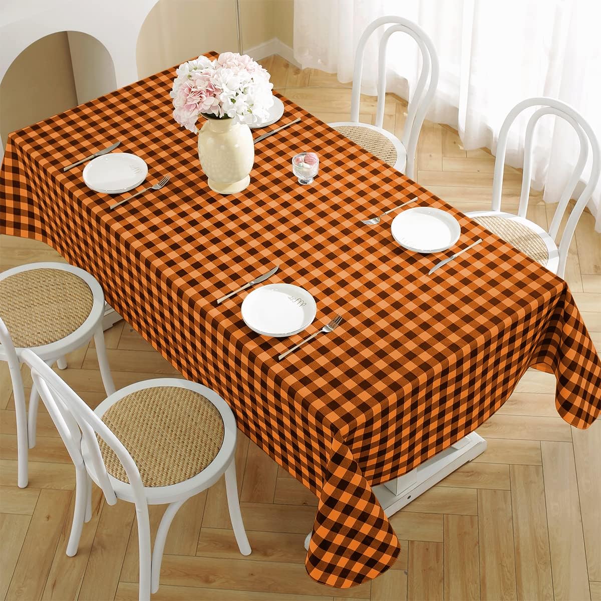 SASTYBALE Buffalo Plaid Tablecloth Rectangle 60 x 120 Inch Vinyl with Flannel Backing, Waterproof & Anti Slip Plastic Heavy Duty Table Cover for Dining, Party, Indoor, Outdoor, Orange and Black