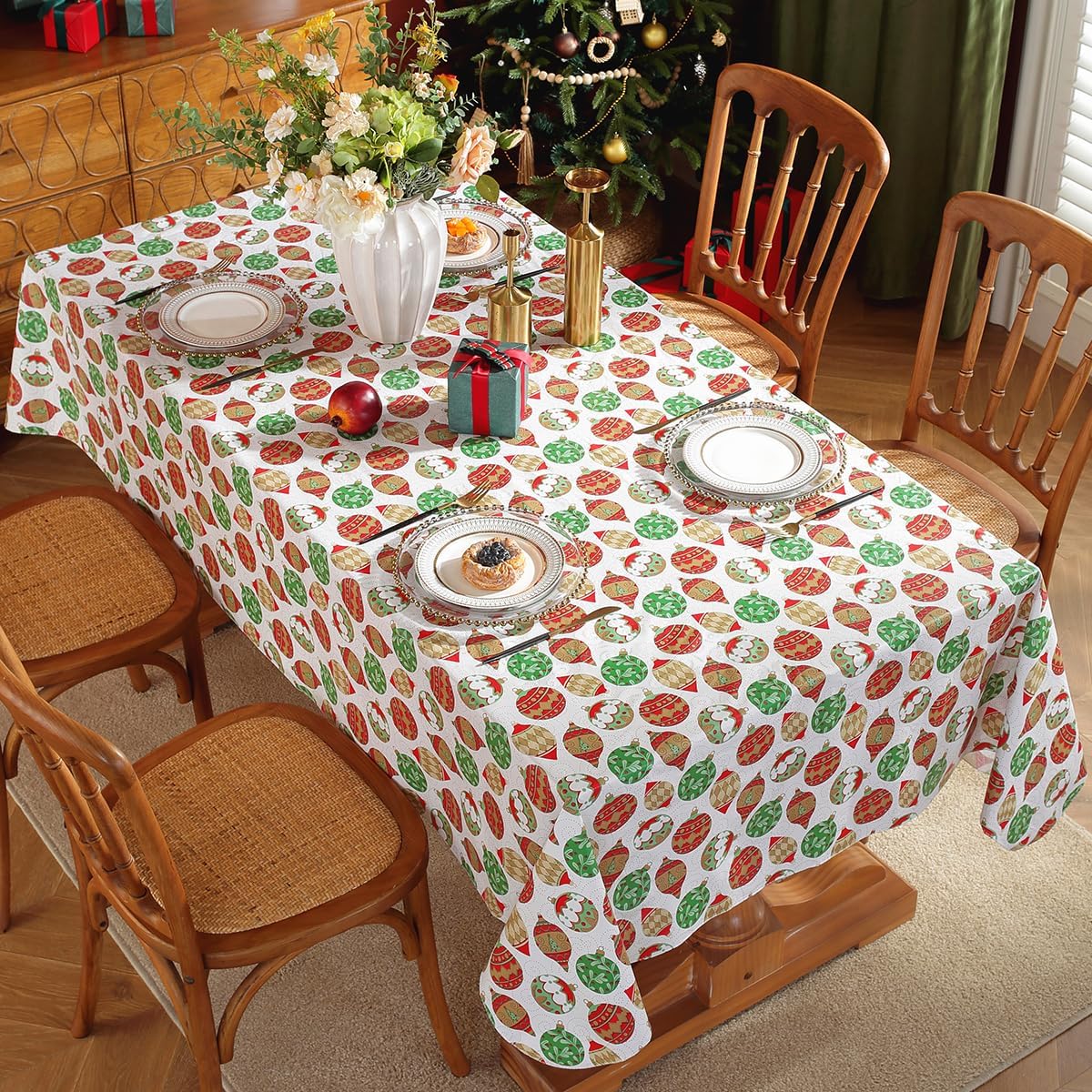 Vinyl Christmas Tablecloth with Flannel Backing Rectangle 52 x 70 Inch Xmas Balls Pattern 100% Waterproof Non Slip Plastic Table Cloth, Heavy Duty Table Cover for Dining, Party, Indoor, Outdoor, White