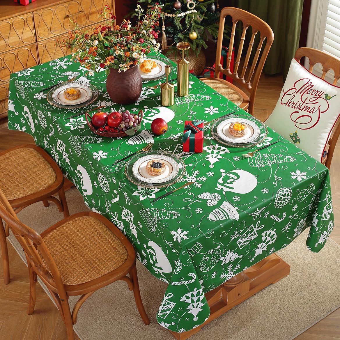 SASTYBALE Christmas Plastic Tablecloth Rectangle, Waterproof Vinyl Christmas Table Cloth with Flannel Backing, Wipeable Xmas Table Cover for Winter Holiday Party Decor (Rectangle, 52" x 70", Green)