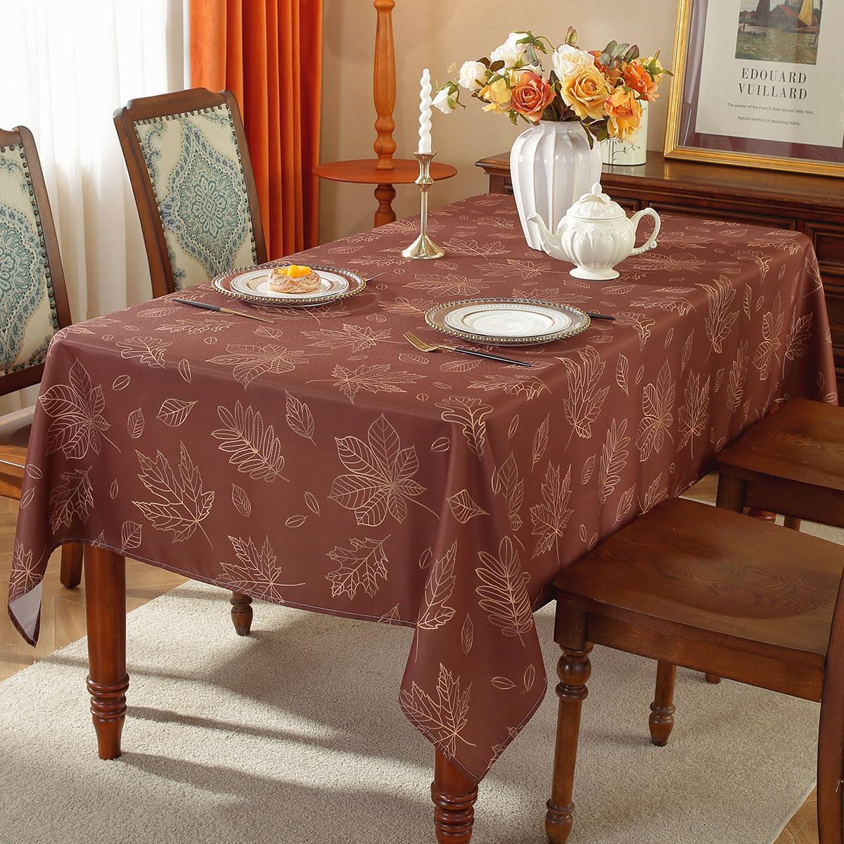 SASTYBALE Maple Leaves Thanksgiving Tablecloths Rectangle 52 x 70 Inch Spill Proof Washable Polyester Autumn Table Cloth, Fabric Table Cover for Fall, Harvest, Winter Dining Decoration, Brown