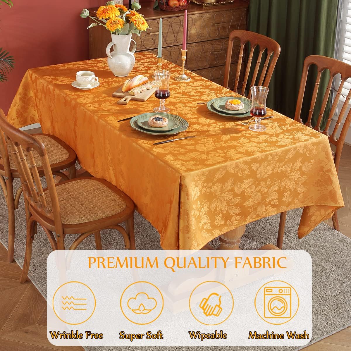 SASTYBALE Maple Leaves Jacquard Fall Tablecloth Oil/Water Proof Fabric Rectangle Table Cloth for Autumn, Harvest, Thanksgiving Oblong 52 x 70 Inch Amber