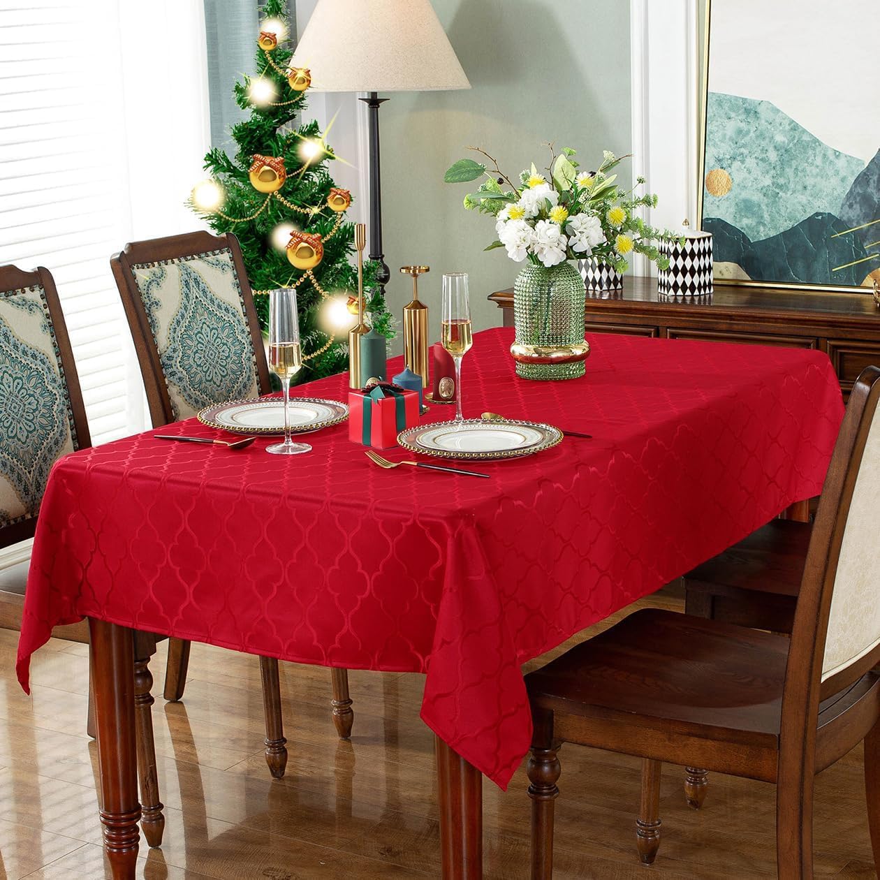 SASTYBALE Jacquard Christmas Tablecloth Flower Pattern Polyester Christmas Table Cloth Spill Proof Wrinkle Resistant Table Cover for Xmas Holiday Party Decor (Rectangle, 52" x 70" (4-6 Seats),Red)