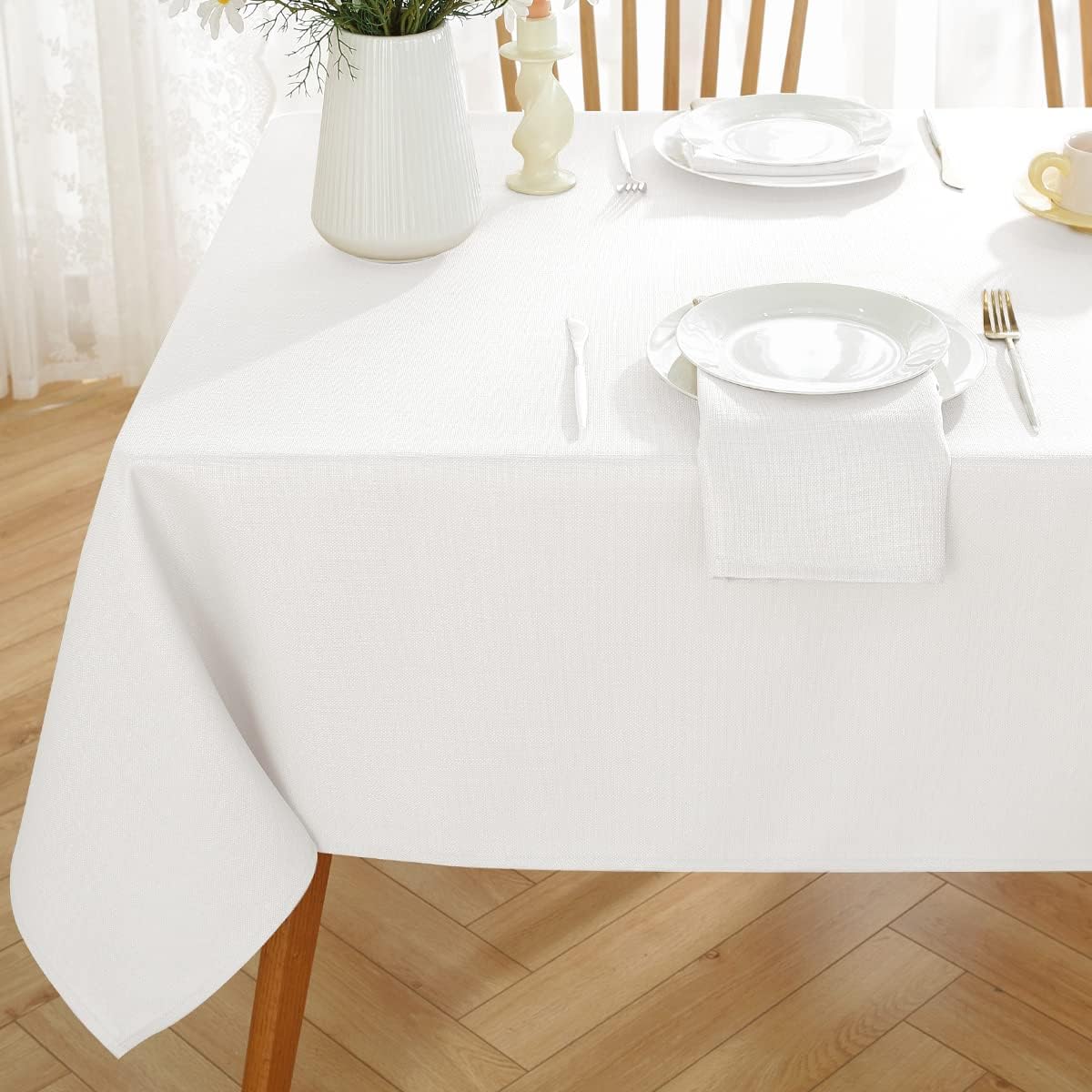 SASTYBALE Faux Linen Rectangle Tablecloth, Waterproof Washable Textured Woven Table Cloth, Fabric Table Cover for Dining, Party, Wedding, Indoor Outdoor (52 x 70 Inch Rectangular, White)