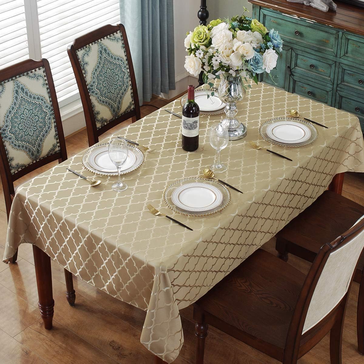 Jacquard Tablecloth Flower Pattern Polyester Table Cloth Spill Proof Dust-Proof Wrinkle Resistant Table Cover for Kitchen Dining Tabletop Decoration (Rectangle/Oblong, 52" x 70" (4-6 Seats), Gold)