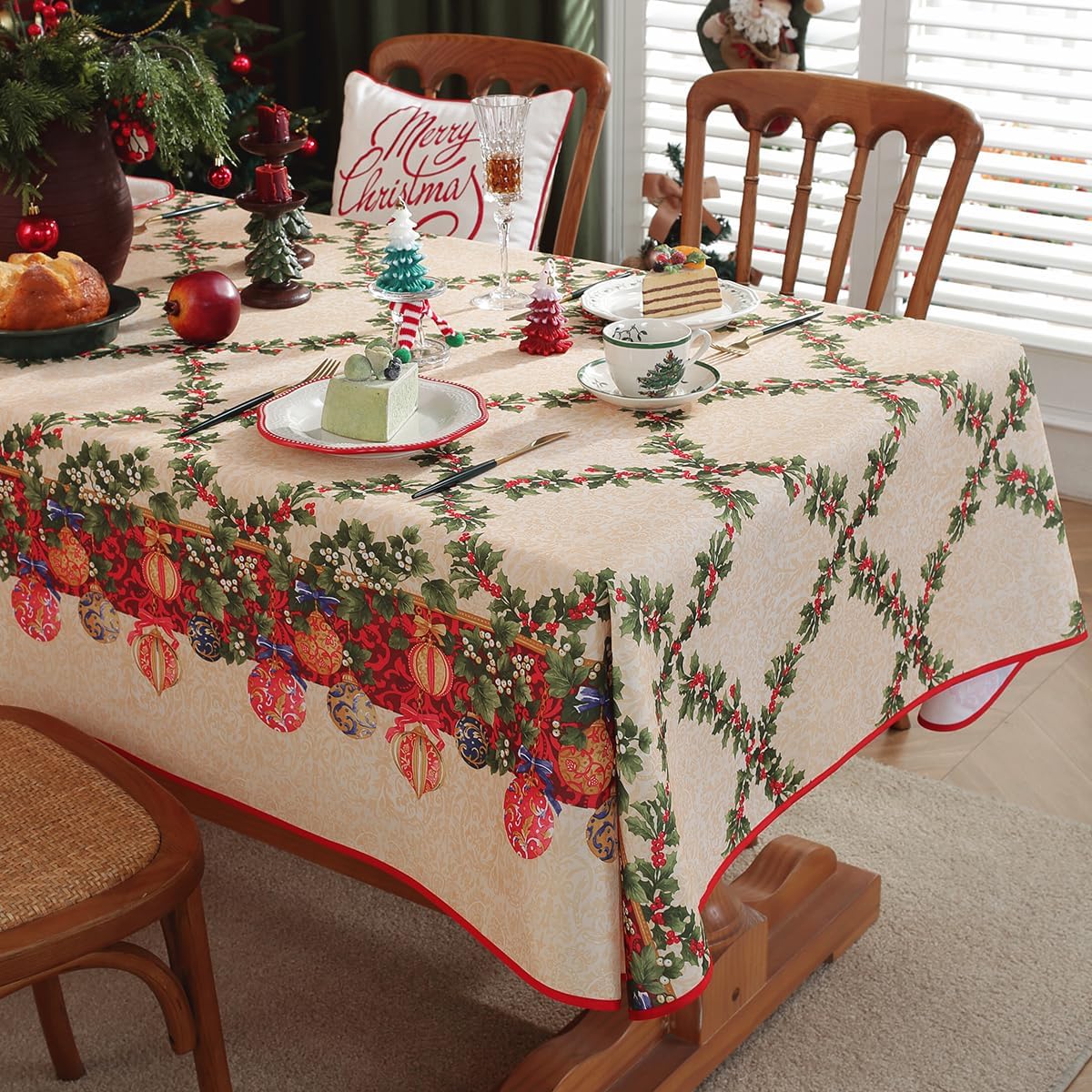 SASTYBALE Christmas Tablecloth Rectangle 52 x 70 Inch Spill Proof Holly Berry Festival Xmas Ornament Ball Vintage Table Cloth, Santa Fabric Table Cover for Holiday, Winter, Dining, Party, Red/Beige