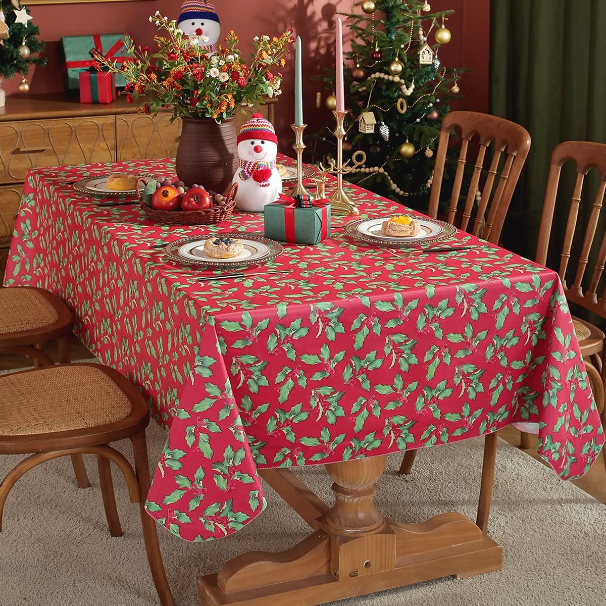 SASTYBALE Christmas Tablecloth Rectangle Vinyl Flannel Backing, Floral Holly & Berry Print Waterproof Plastic Heavy Table Cloth for Dining, Buffet Party & Outdoor Decorations, 52 x 70 Inch Red