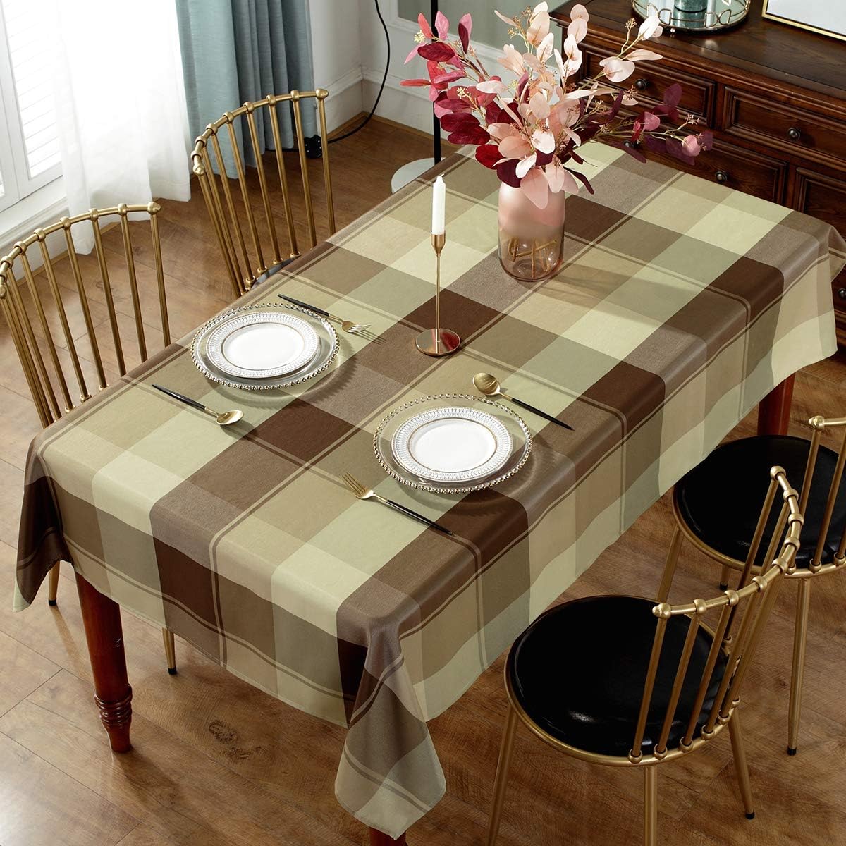 Rectangle Tablecloth Plaid Style Polyester Table Cloth Spillproof Dust-Proof Wrinkle Resistant Heavy Weight Table Cover for Kitchen Dinning Tabletop (Rectangle/Oblong, 60" x 84" (6-8 Seats),Taupe)