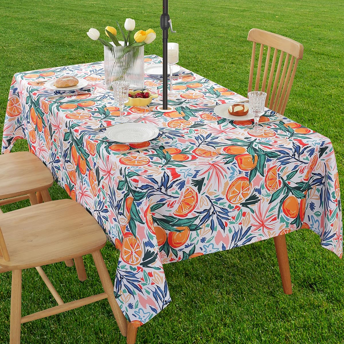 SASTYBALE Outdoor Tablecloth with Umbrella Hole and Zipper, Spill Proof Vibrant Watercolor Lemon Table Cloth, Washable Patio Table Cover for Summer Party Picnic Dinner (Rectangle, 60" x 84")