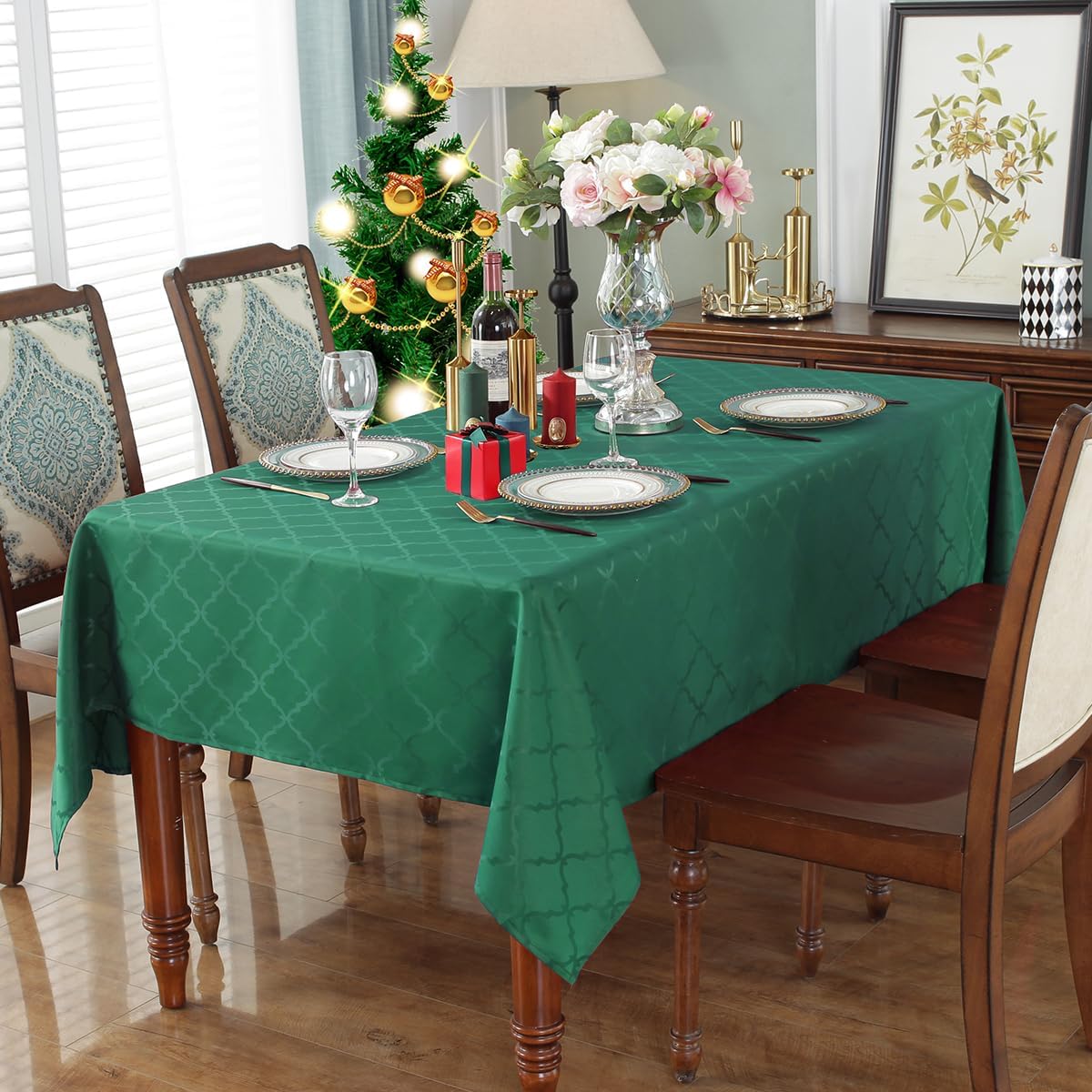 SASTYBALE Christmas Tablecloths Rectangular, Jacquard Xmas Table Cloth with Geometric Patterns, Washable Spillproof Table Cover for Parties Winter Holiday Decor (Rectangle, 52" x 70", Green)