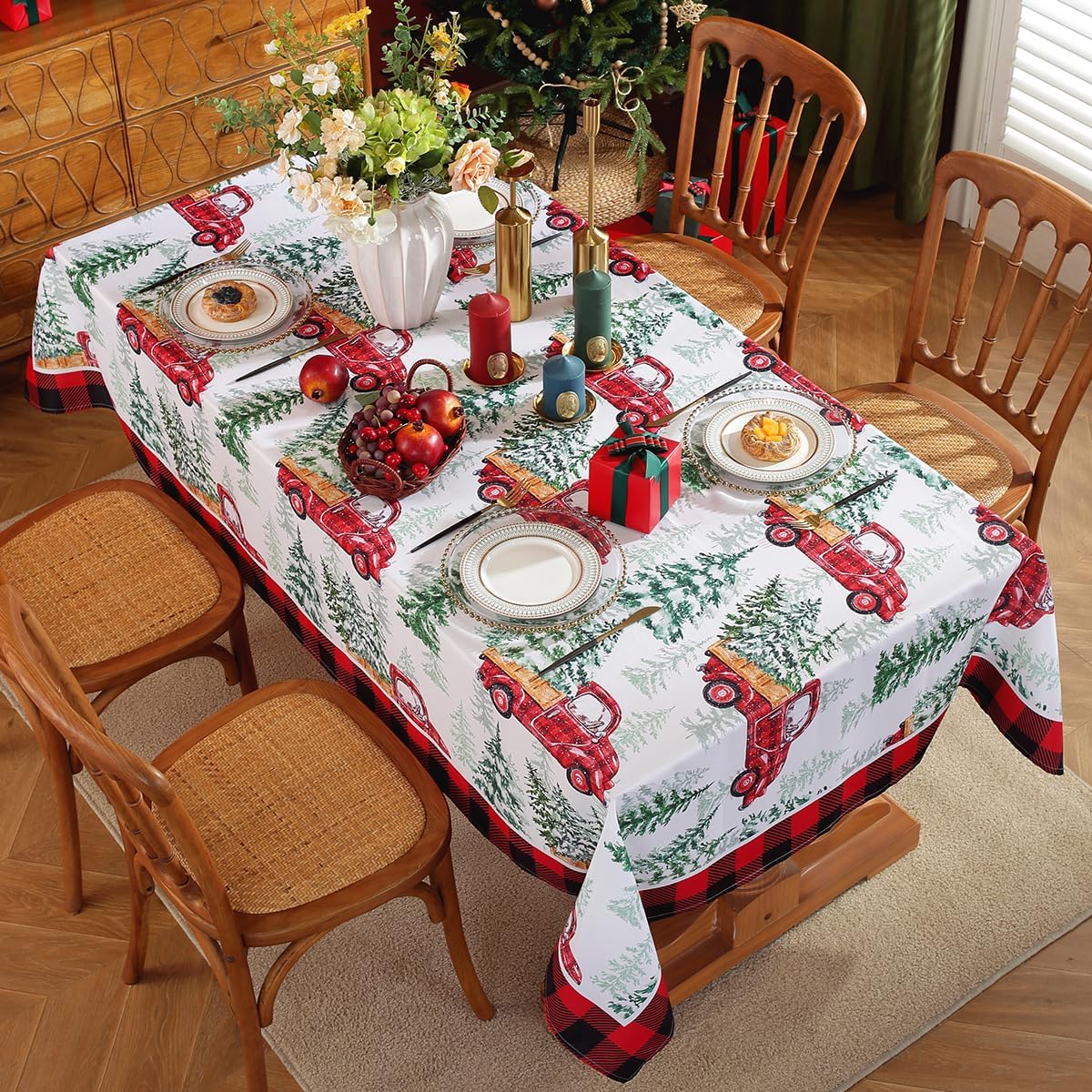 SASTYBALE Christmas Tablecloth Rectangle, Water Resistant Christmas Table Cloth with Printed Christmas Trees & Trucks, Polyester Table Covers for Xmas, Holiday, Winter (Rectangle, 60" x 102", White)