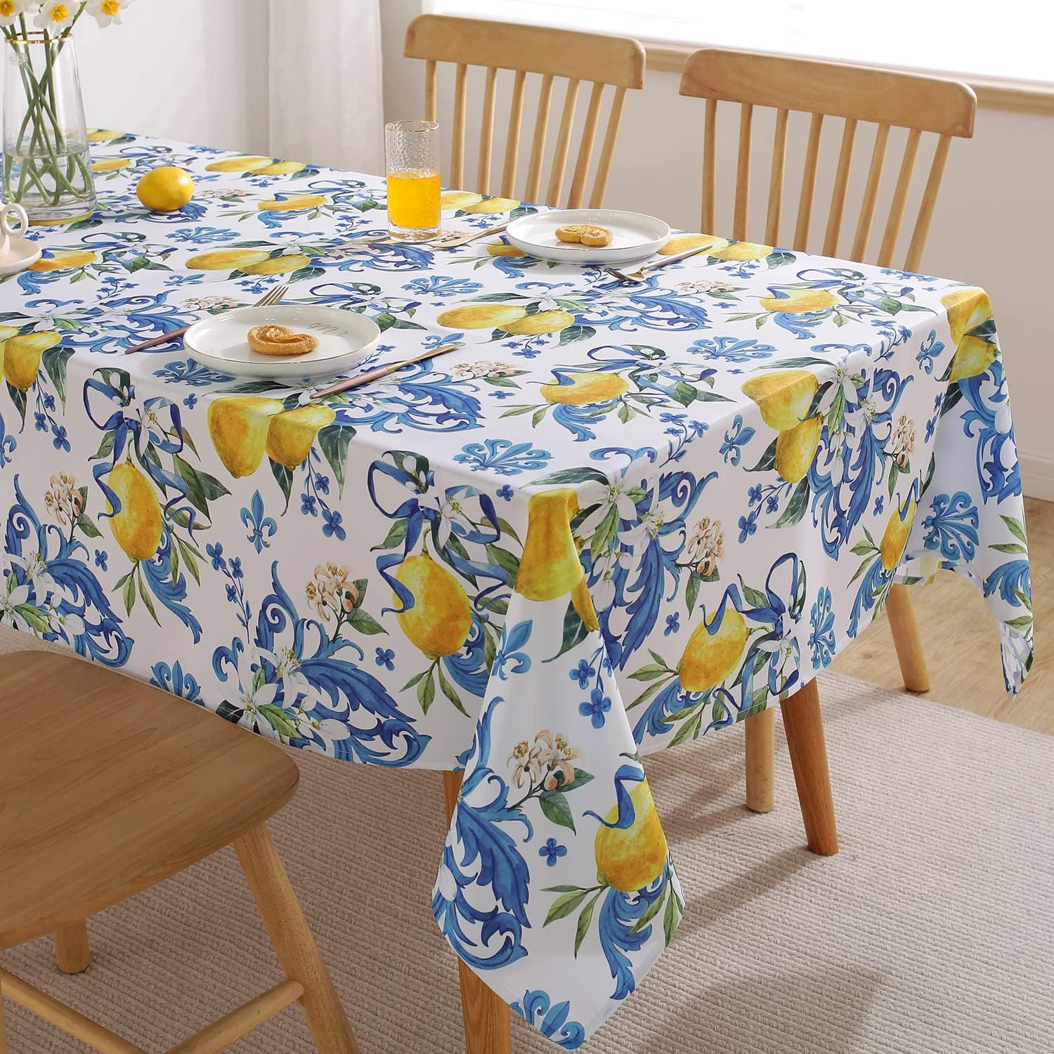 SASTYBALE Lemon Tablecloth, Washable Summer Table Cloth Printed with Lemons Flower Waterproof Spillproof Polyester Table Cover for Dinner Table Holiday Decoration (Rectangle, 52" x 70")