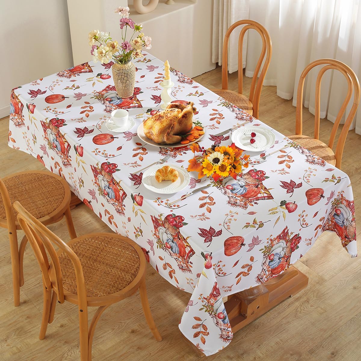SASTYBALE Fall Pumpkin Tablecloth Rectangle, Holiday Table Cloth with Printed Watercolor Pumpkins & Fall Leaves, Spill Proof Table Cover for Harvest Thanksgiving Table Decor (Rectangle, 60" x 102")
