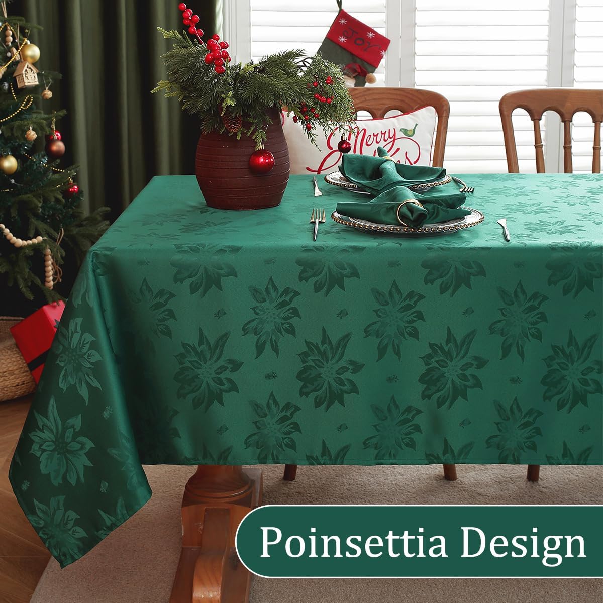 SASTYBALE Christmas Tablecloths Rectangular, Jacquard Xmas Table Cloth with Poinsettia Flowers, Spill Proof Heavy Duty Table Cover for Parties Winter Holiday Decor (Rectangle, 52" x 70", Green)