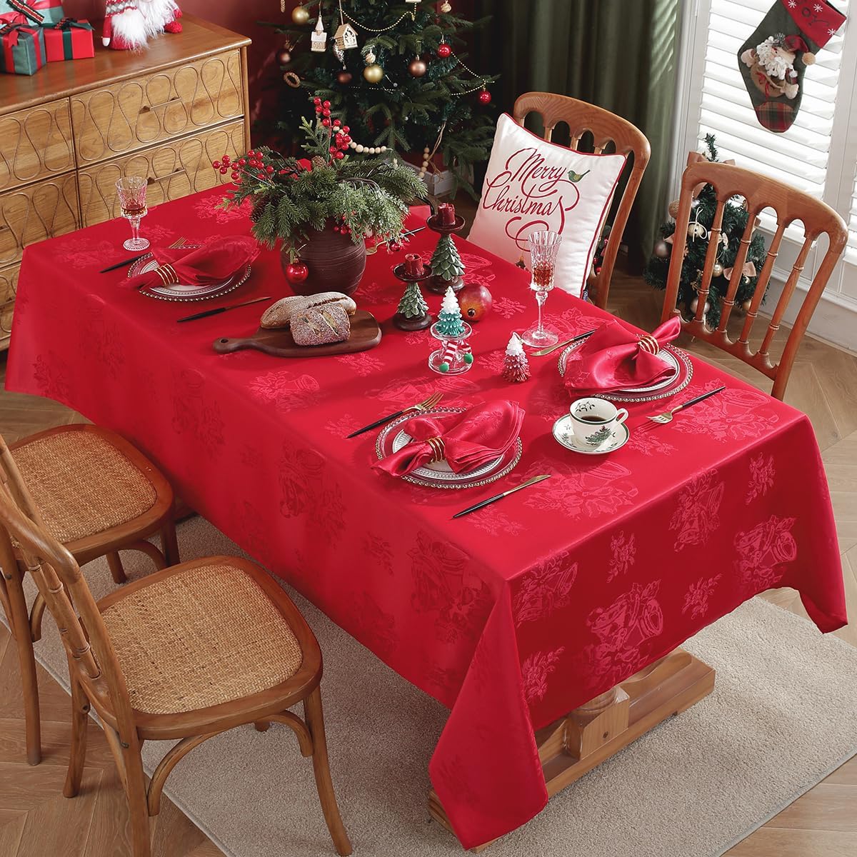 SASTYBALE Christmas Tablecloth Jingle Bells Holly Berry Jacquard Water Oil Proof Non Slip Damask Table Cloths, Fabric Table Cover for Xmas, Holiday, Winter, Santa, Rectangle 52 x 70 Inch, Red