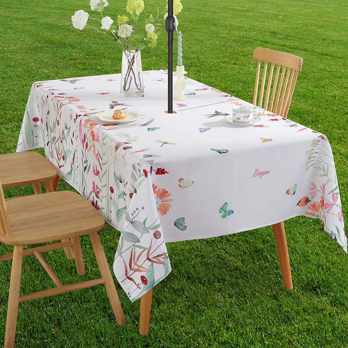 70 round patio table cloth with umbrella hole flannel backed SASTYBALE Outdoor Tablecloth with Umbrella Hole and Zipper, Spillproof Floral Table Cloth with Watercolor Wild Flowers & Butterflies, Patio Table