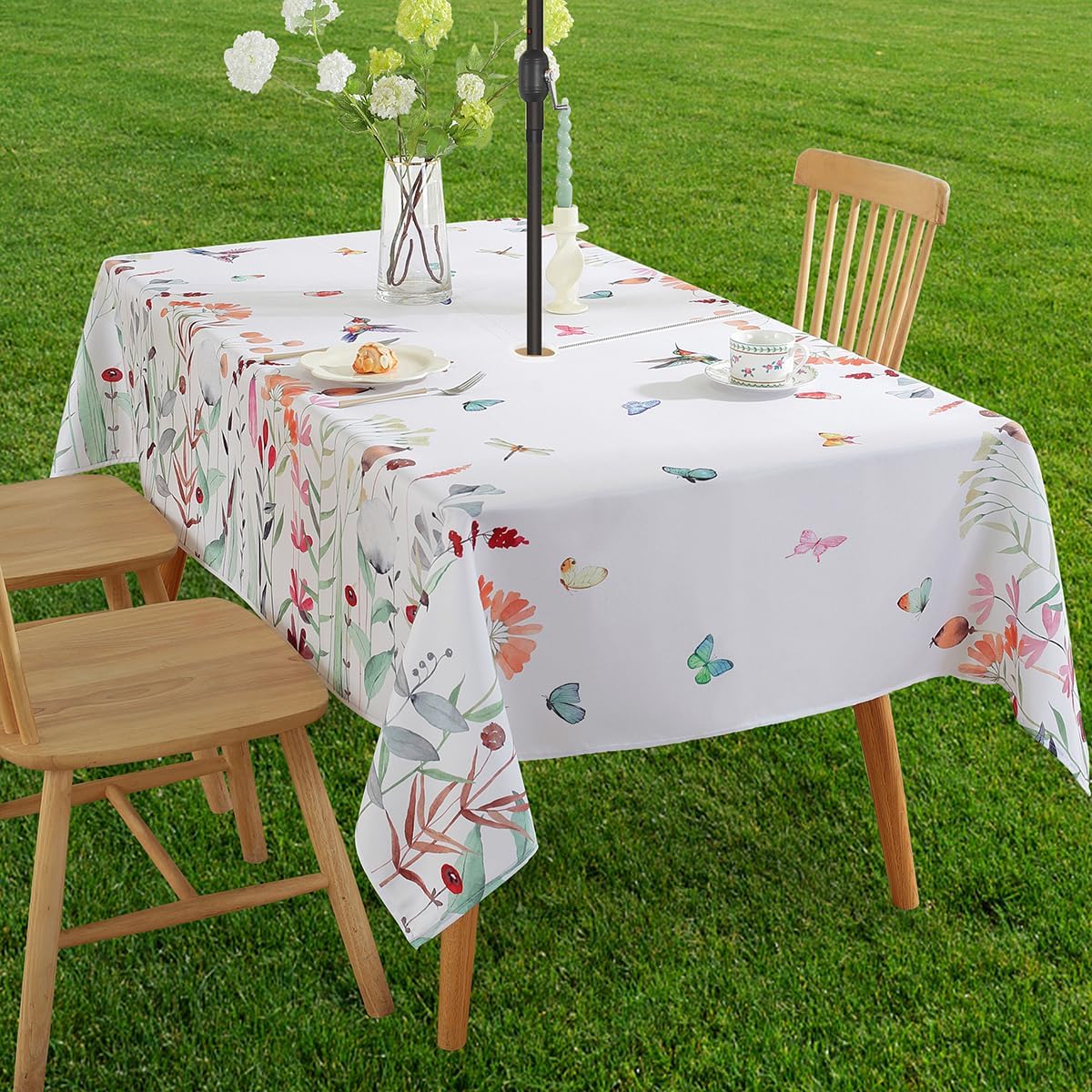 SASTYBALE Outdoor Tablecloth with Umbrella Hole and Zipper, Spillproof Floral Table Cloth with Watercolor Wild Flowers & Butterflies, Patio Table Cover for Summer Picnic BBQS(Rectangle, 52" x 70")