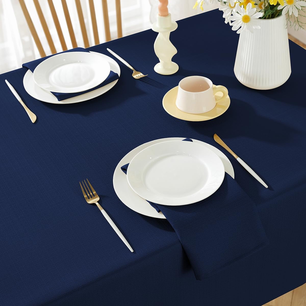 Faux Linen Tablecloth Rectangle Spill Proof Wrinkle Free Woven Textured Table Cloths, Soft Polyester Table Cover for Dining, Party, Holiday, Indoor, Outdoor (52 x 70 Inch Rectangular, Navy Blue)