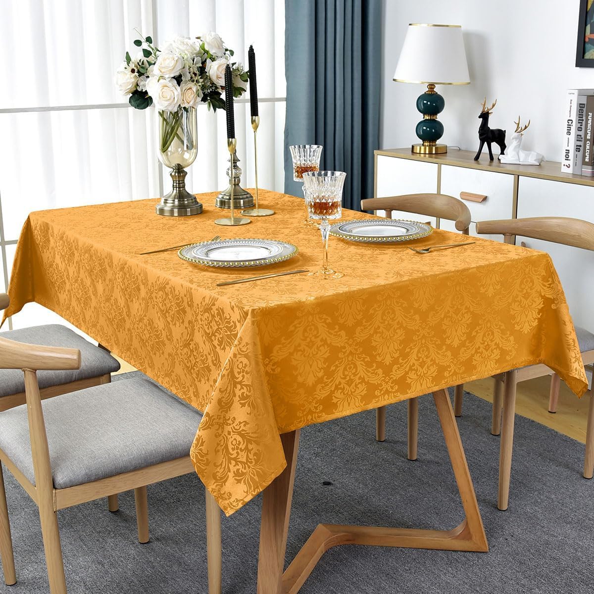 SASTYBALE Christmas Jacquard Tablecloth Rectangle 52 x 70 Inch, Waterproof Wrinkle Resistant Autumn Damask Table Cloth, Reusable Fabric Table Cover for Fall, Thanksgiving, Harvest, Holiday, Amber