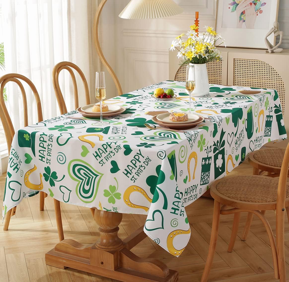 St. Patrick's Day Tablecloth for Rectangle Tables, Machine Washable Green Table Cover with Irish Lucky Shamrock Patterns for Dining Tabletop Decoration (Rectangle/Oblong, 52" x 70" (4-6 Seats))