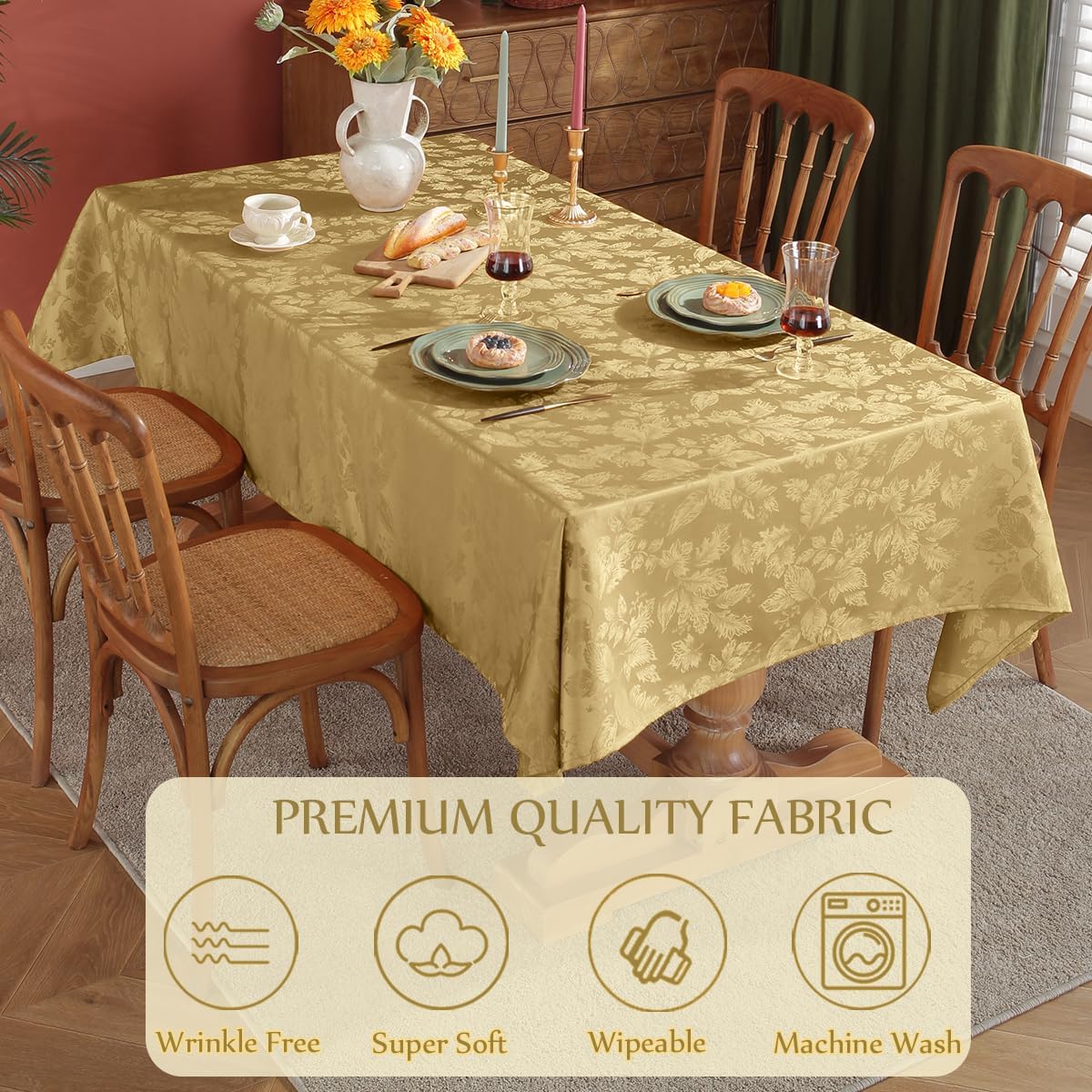 SASTYBALE Autumn Leaves Jacquard Rectangle Tablecloth Waterproof Wrinkle Free Fabric Damask Table Cloth for Fall, Harvest, Thanksgiving, Indoor, Outdoor 60 x 84 Inch Gold