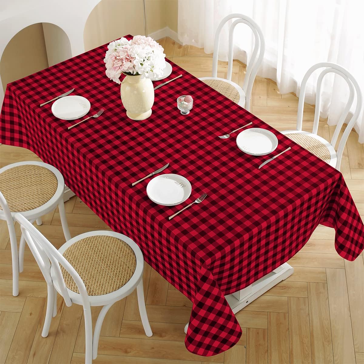 SASTYBALE Buffalo Plaid Vinyl Tablecloth Rectangle 52 x 70 Inch with Flannel Backing, Waterproof & Anti-Slip Heavy Weight Table Cloth, Plastic Table Cover for Dining, Party, Indoor, Red and Black