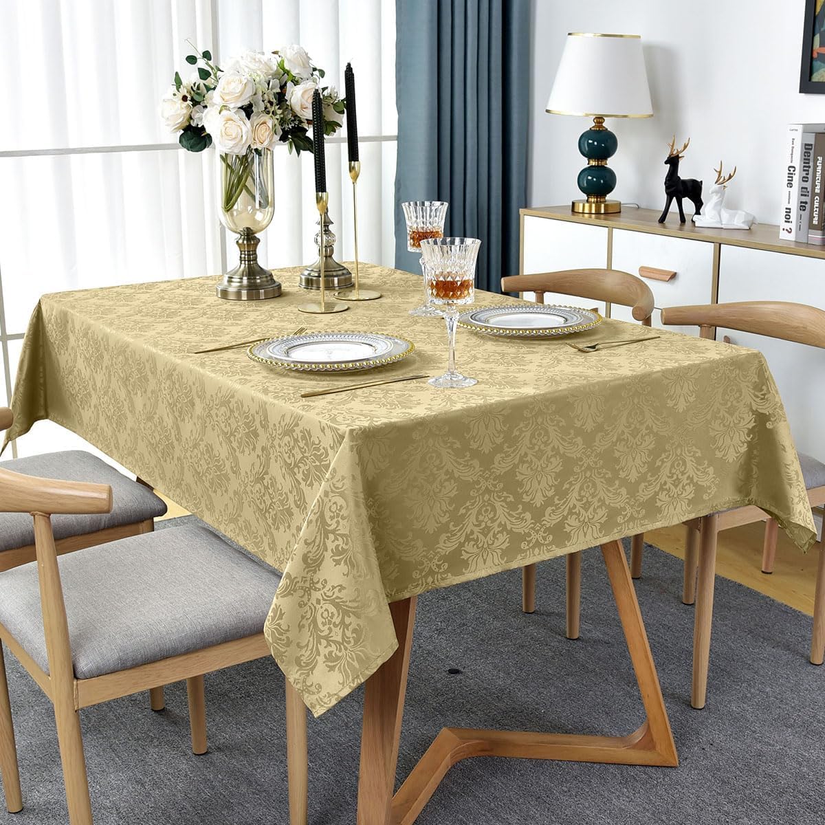 SASTYBALE Jacquard Tablecloth Rectangle 52 x 70 Inch, Spill Proof Machine Washable Damask Table Cloth, Reusable Polyester Table Cover for Dining, Party, Indoor, Outdoor, Gold