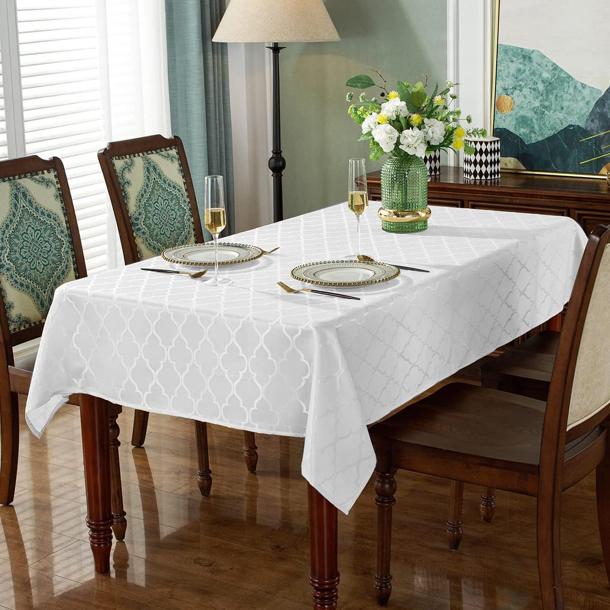 SASTYBALE Jacquard Tablecloth Flower Patterns Polyester Table Cloth Spill Proof Wrinkle Resistant Table Cover for Kitchen Dining Tabletop (White, Rectangle/Oblong, 52" x 70" (4-6 Seats))