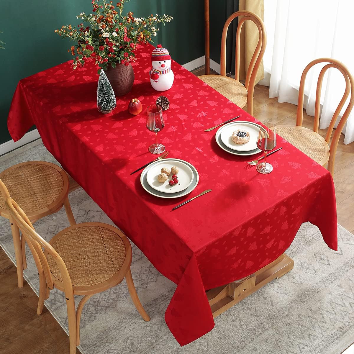 Christmas Tablecloth Rectangle, Jacquard Table Cloth Spillproof and Wrinkle Resistant with Christmas Tree Patterns for Dining Room & Holiday Decoration (Red, Rectangle/Oblong, 52" x 70" (4-6 Seats))