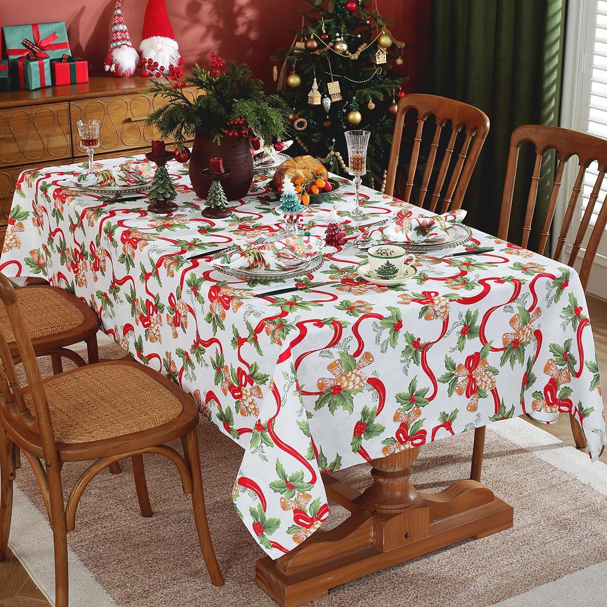 SASTYBALE Christmas Tablecloths Rectangular, Jacquard Table Cloth Printed with Jingle Bells & Holly Leaves, Stain Resistant Table Cover for Holiday Party Picnic Dinner Decor (Rectangle, 52" x 70")