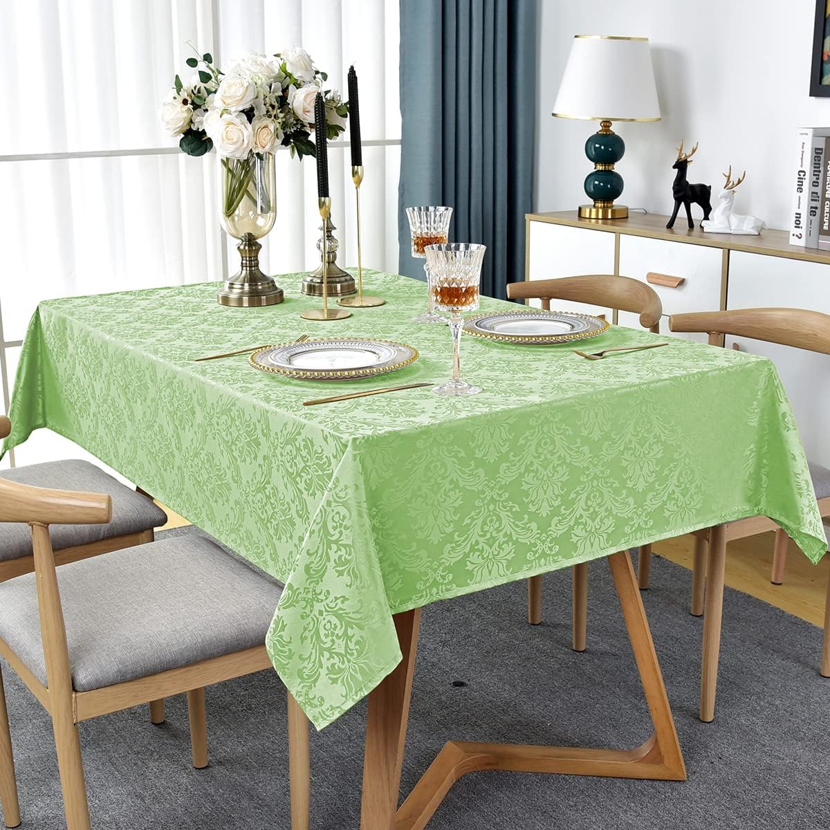 SASTYBALE Jacquard Damask Tablecloth Rectangle 52 x 70 Inch Green, Spill Proof Oil Proof Wrinkle Resistant Tables Cloth, Polyester Table Cover for Dining, Party, Indoor, Outdoor